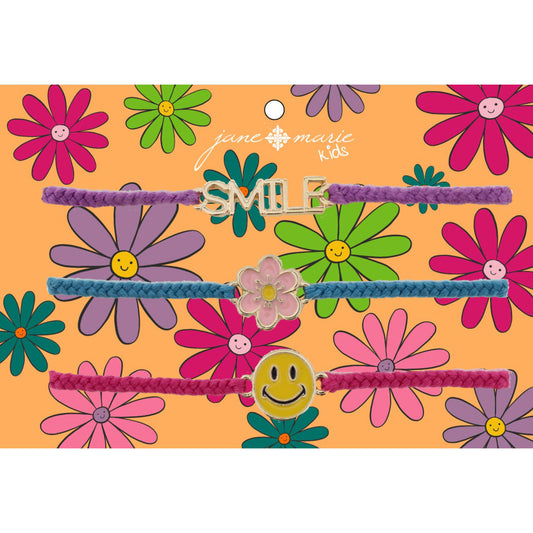 Kids Set of 3, Purple "Smile", Teal Flower, Pink Smiley Face Bracelet