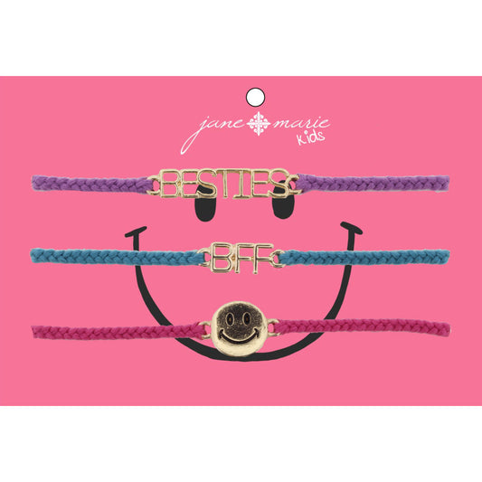 Kids Set of 3, Purple "Besties", Teal "BFF", Pink Smiley Face Bracelet