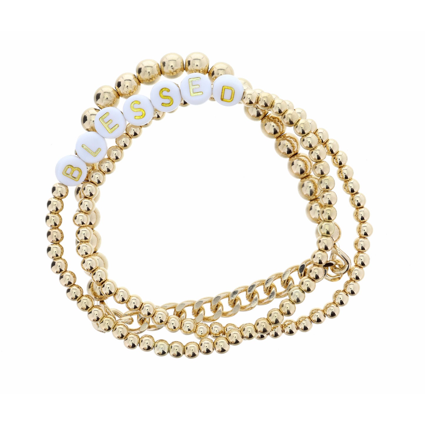 Set of 3, "Blessed" Gold Beaded Bracelet