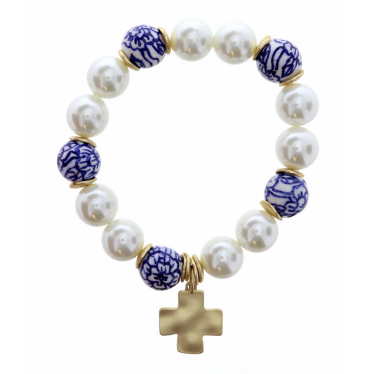 Square Cross on Pearl & Blue Porcelain Beaded Bracelet