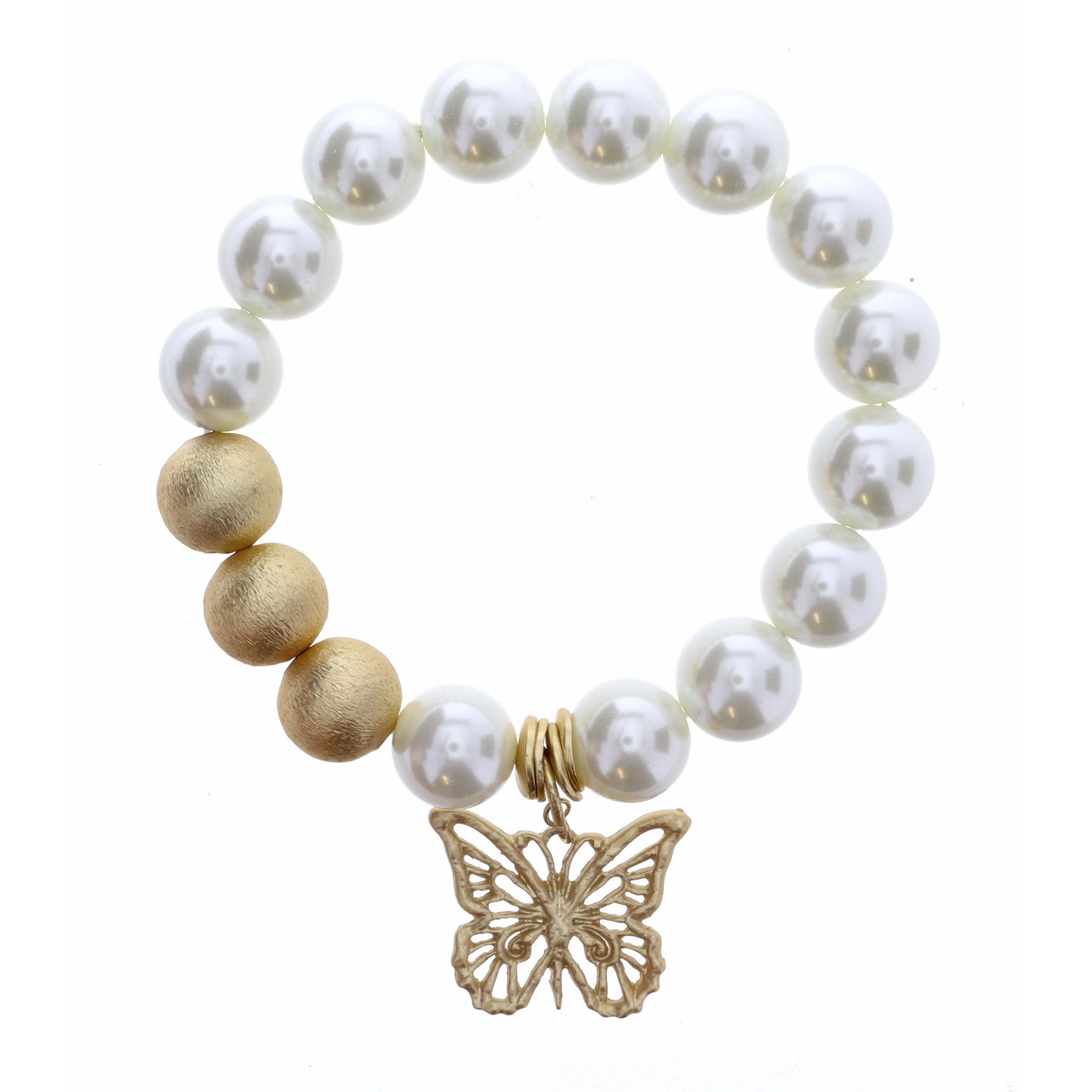 Butterfly on Pearl and Brushed Gold Beaded Bracelet