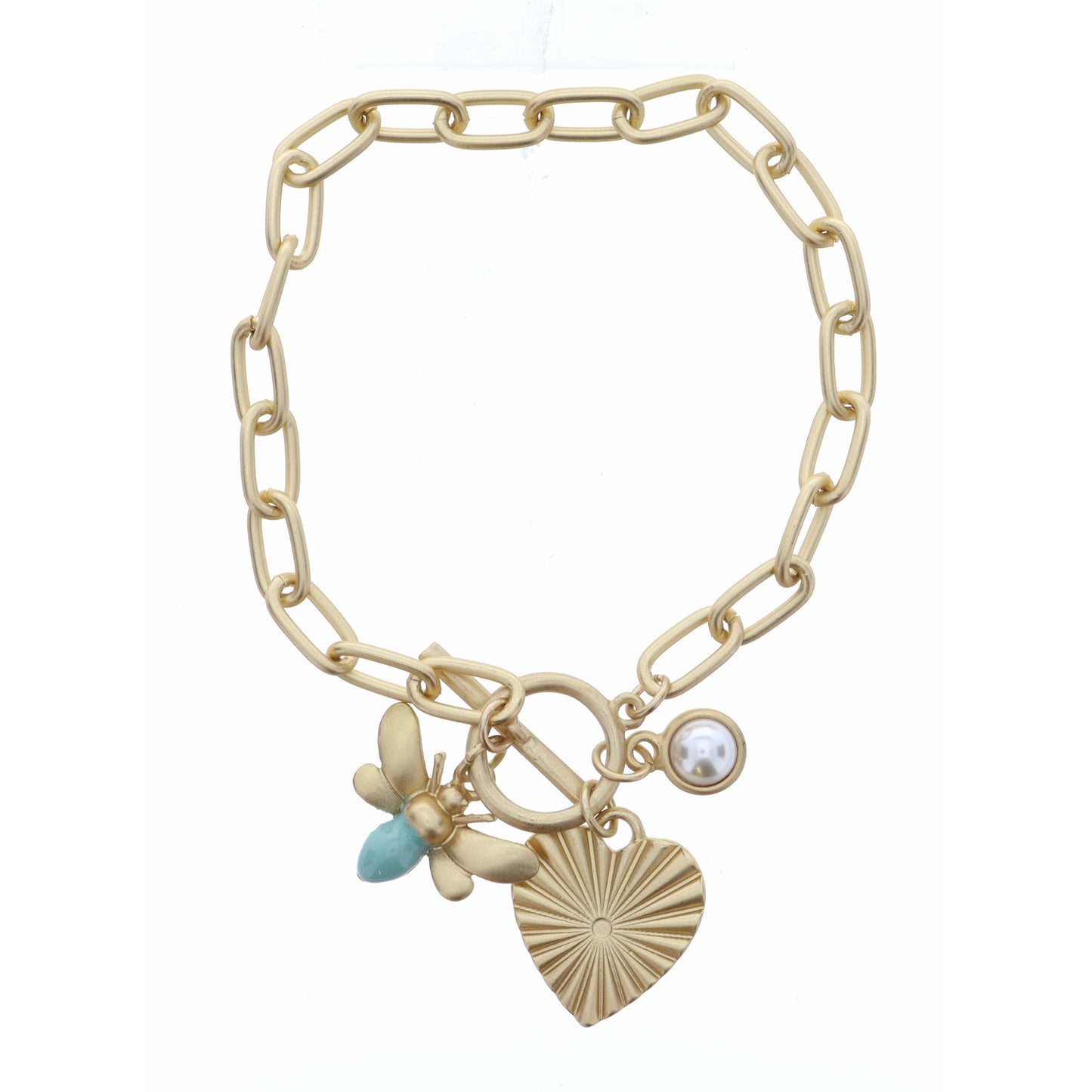 Mint Bee, Textured Heart, and Cabachon Pearl Bracelet