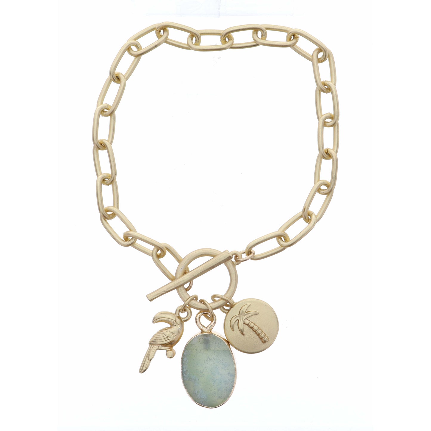 Gold 3D Tucan, Sage Oval, Stamped Palm Tree Disc Bracelet
