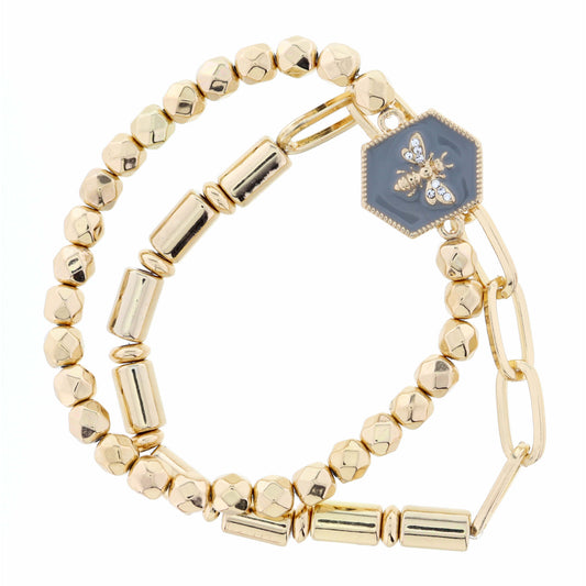 Stack of 2, Bee on Grey Hexagon, Bracelet