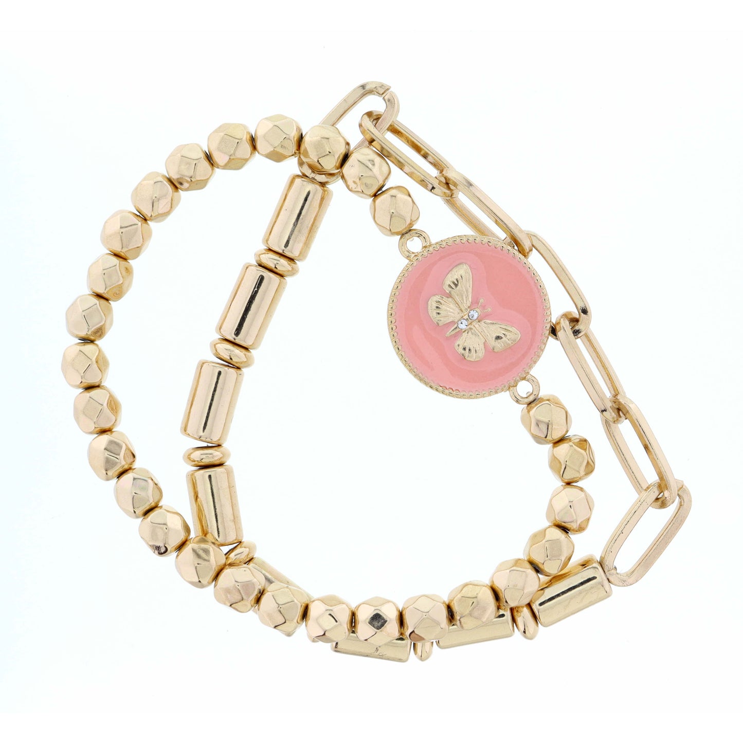 Stack of 2, Butterfly on Pink Circle, Bracelet