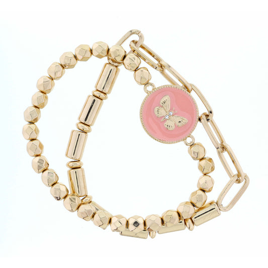 Stack of 2, Butterfly on Pink Circle, Bracelet