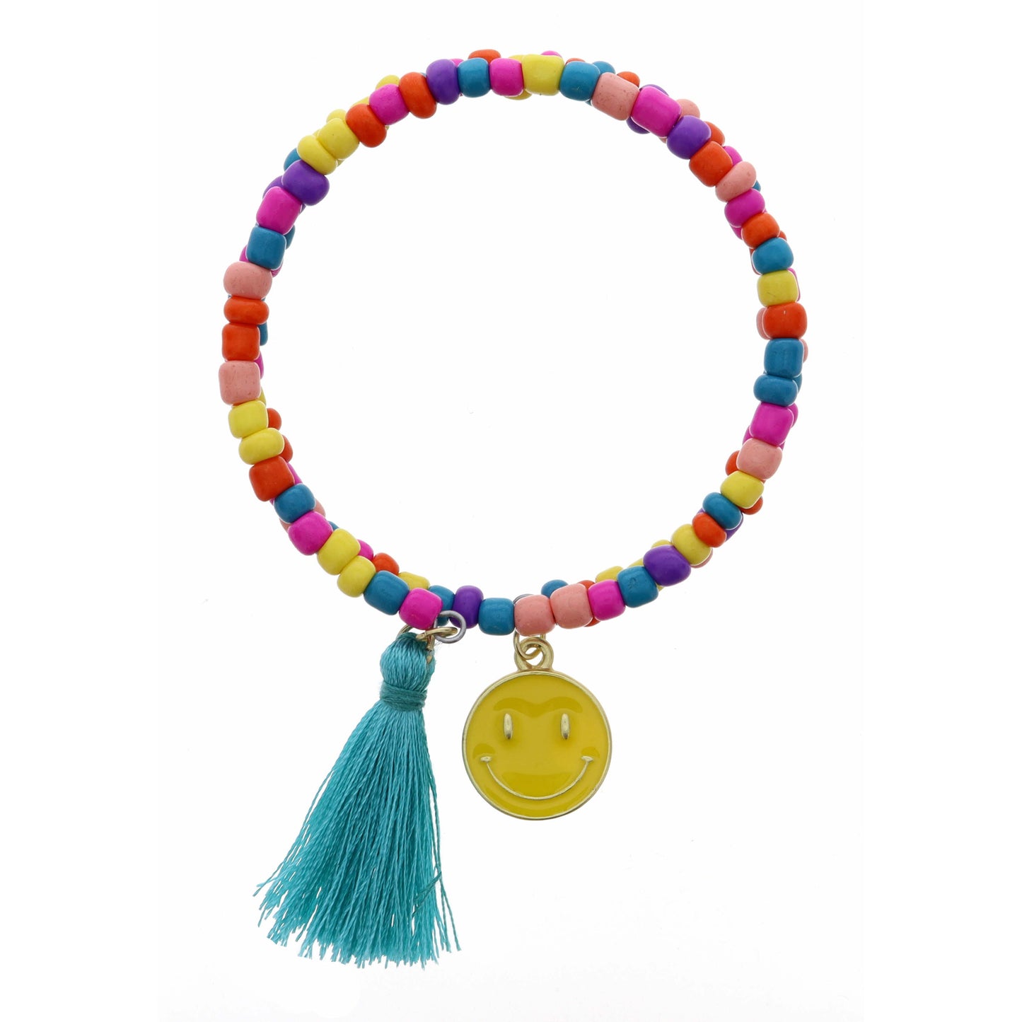 Kids Yellow Smiley Face with Teal Tassel on Multi Coil Bracelet