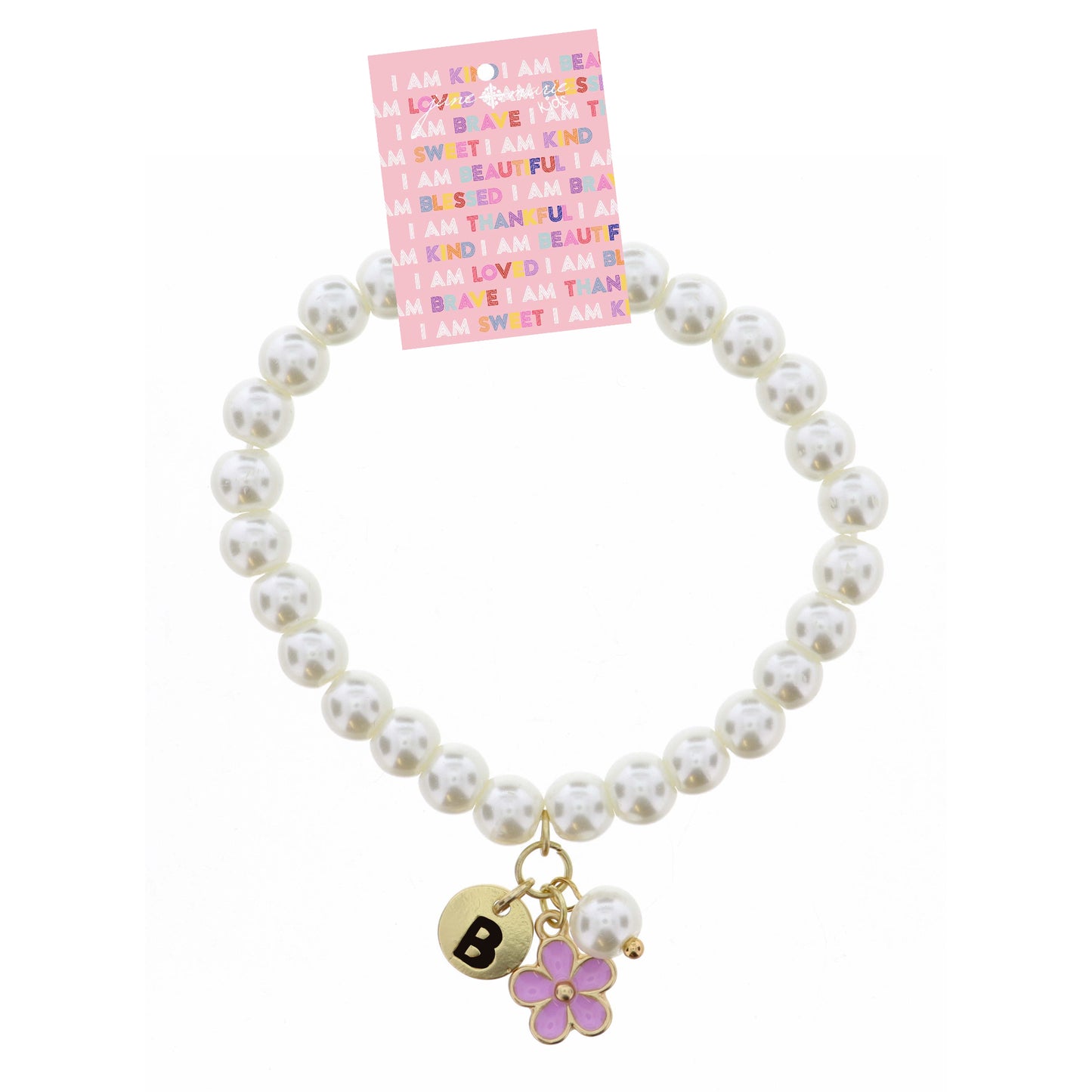 Kids "B" Initial Disc, Pearl, & Purple Flower Charms on Pearls Bracelet