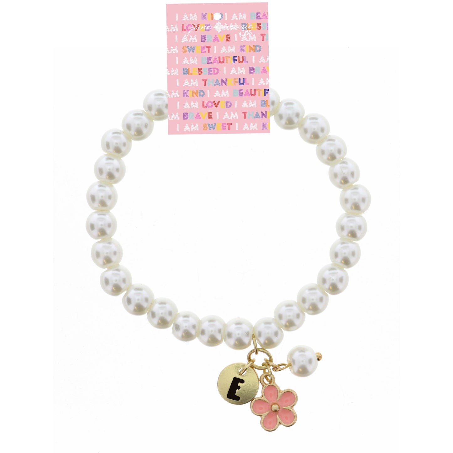 Kids "E" Initial Disc, Pearl, & Pink Flower Charms on Pearls Bracelet