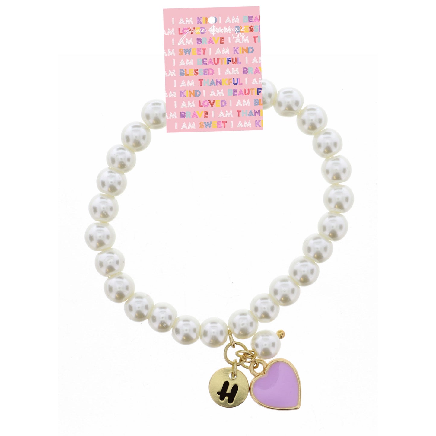 Kids "H" Initial Disc, Pearl, & Purple Heart Charms on Pearls Bracelet