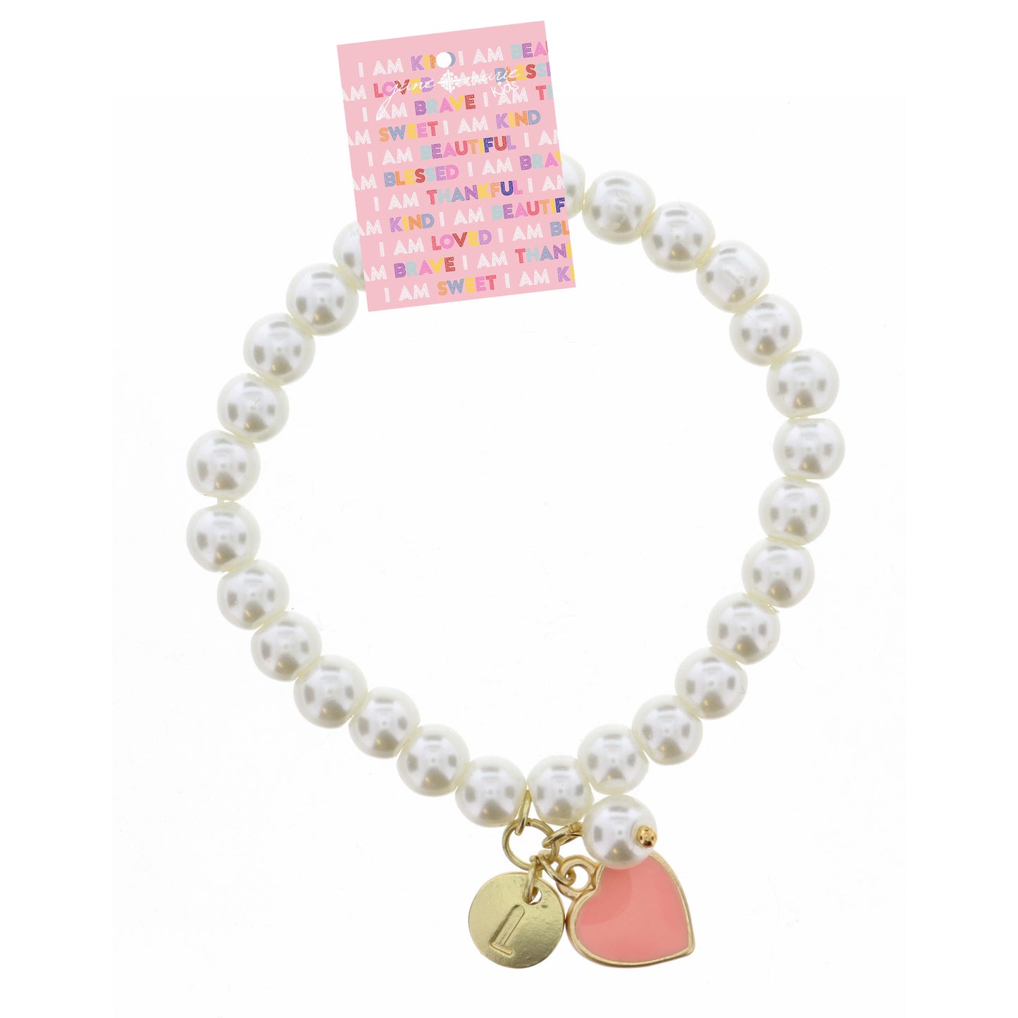 Kids "L" Initial Disc, Pearl, & Pink Heart Charms on Pearls Bracelet