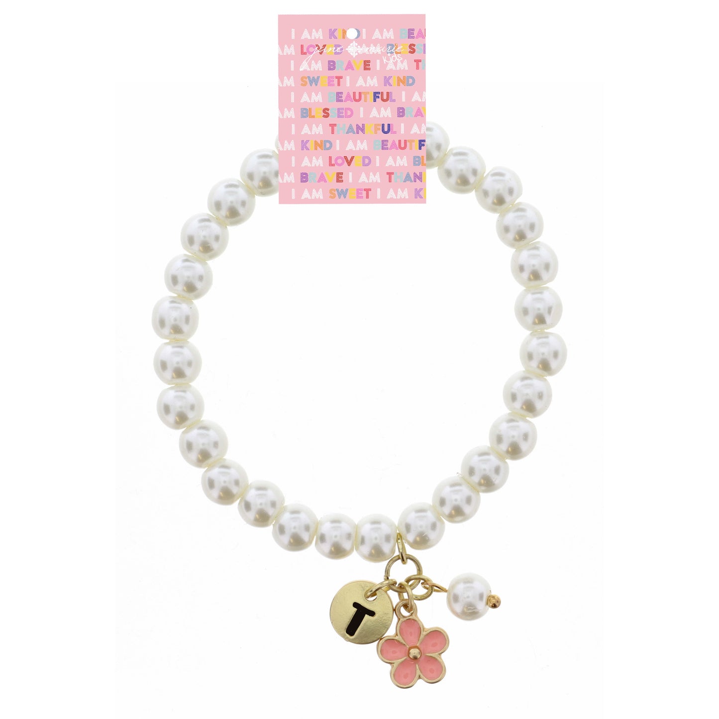 Kids "T" Initial Disc, Pearl, & Pink Flower Charms on Pearls Bracelet