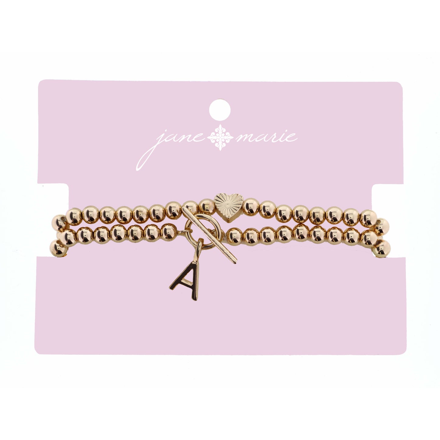 2 Strand, Gold "A" Initial with Toggle and Textured Heart Bracelet