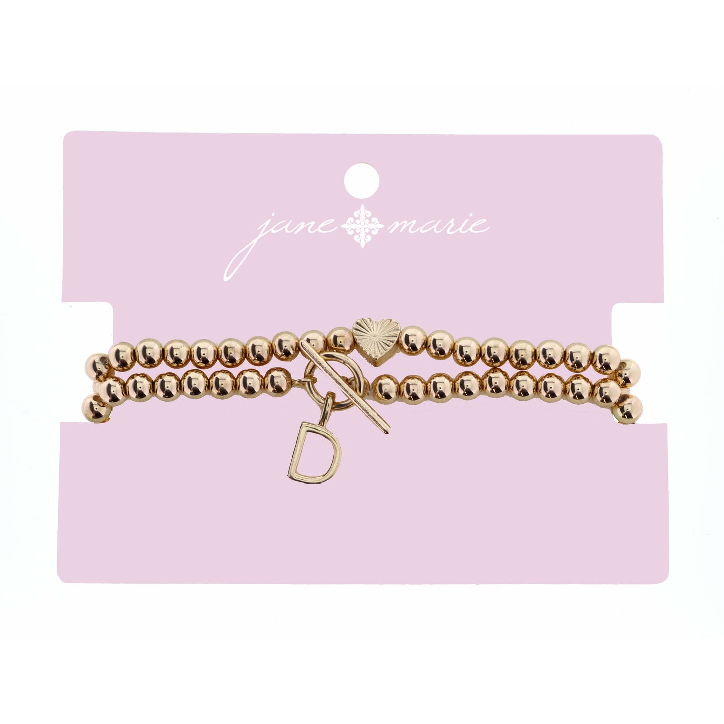 2 Strand, Gold "D" Initial with Toggle and Textured Heart Bracelet