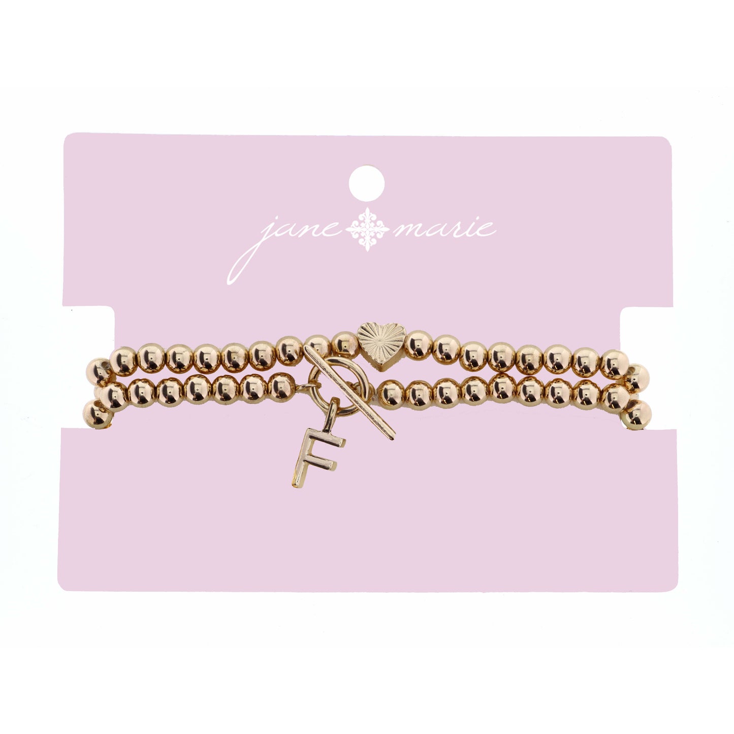 2 Strand, Gold "F" Initial with Toggle and Textured Heart Bracelet