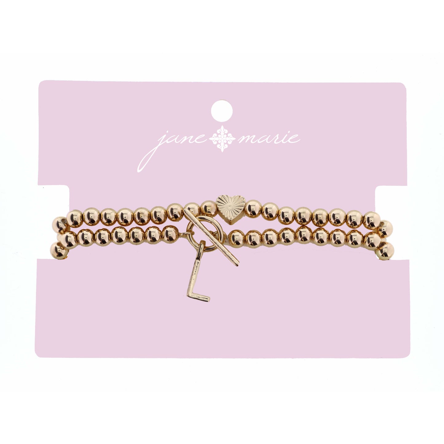 2 Strand, Gold "L" Initial with Toggle and Textured Heart Bracelet