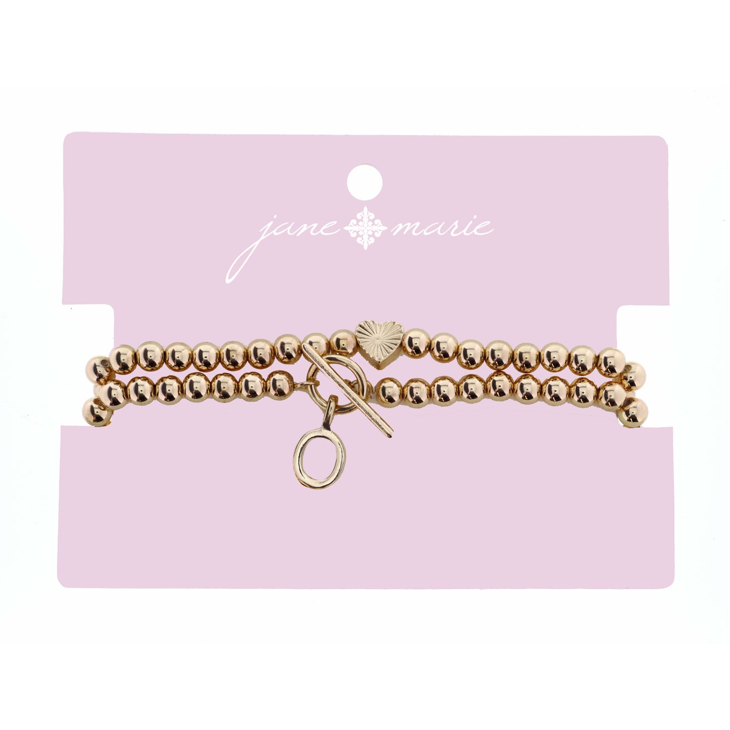 2 Strand, Gold "O" Initial with Toggle and Textured Heart Bracelet