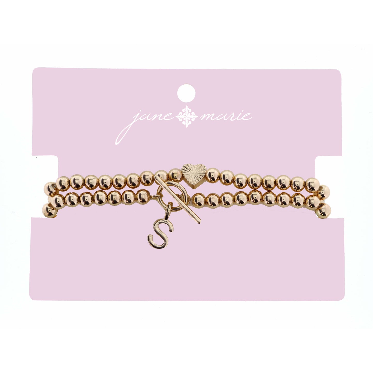 2 Strand, Gold "S" Initial with Toggle and Textured Heart Bracelet