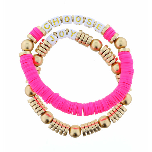Stack of 2, Choose Joy on Hot Pink & Gold Strands Bracelet