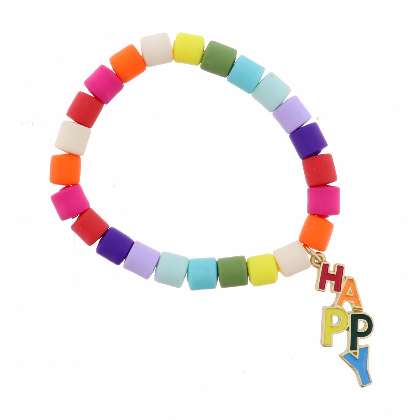 Kids Multi Colored Cylinder Beads with "Happy" Enamel Letters Bracelet