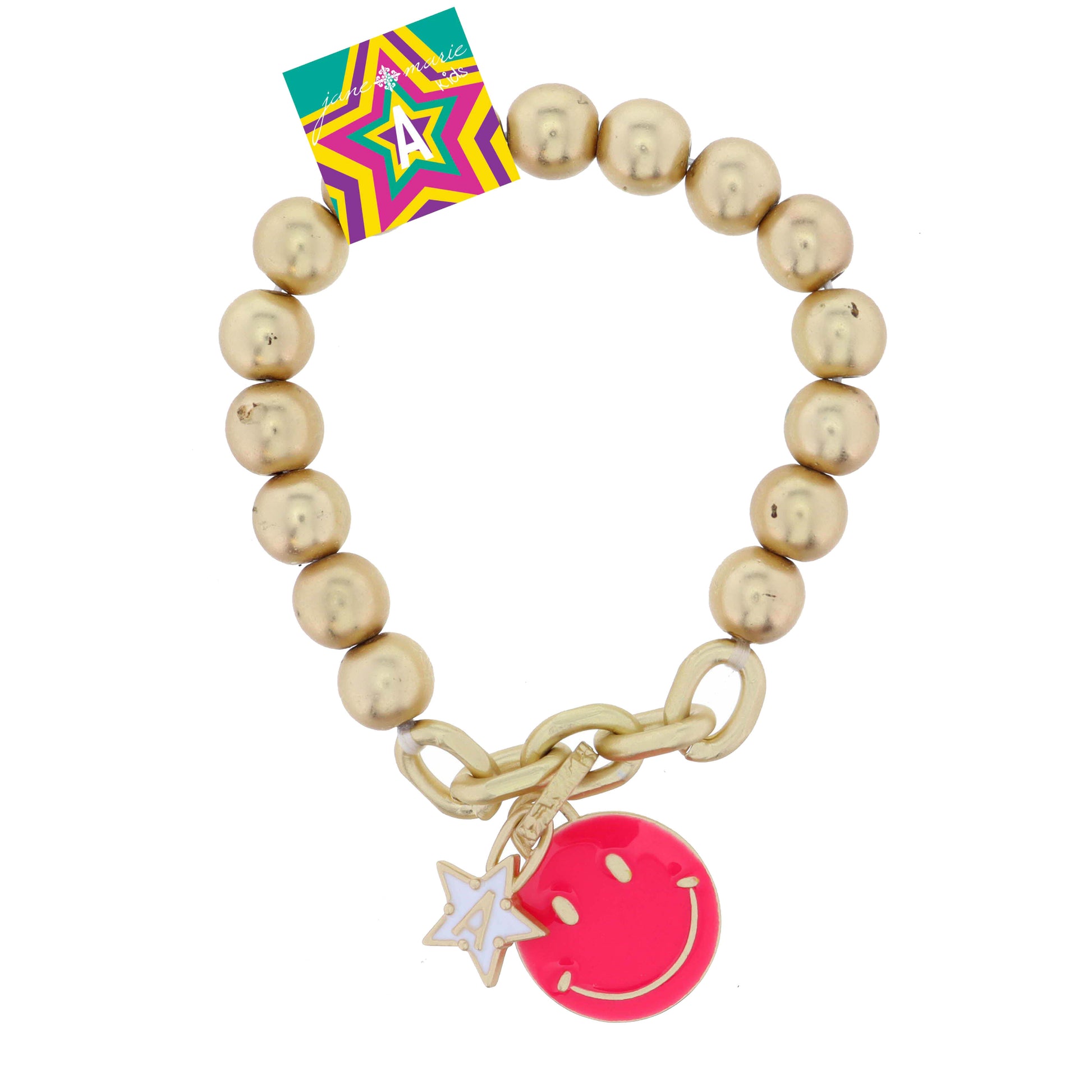 Kids Happy Face, Hot Pink & Yellow with Star "A" Bracelet