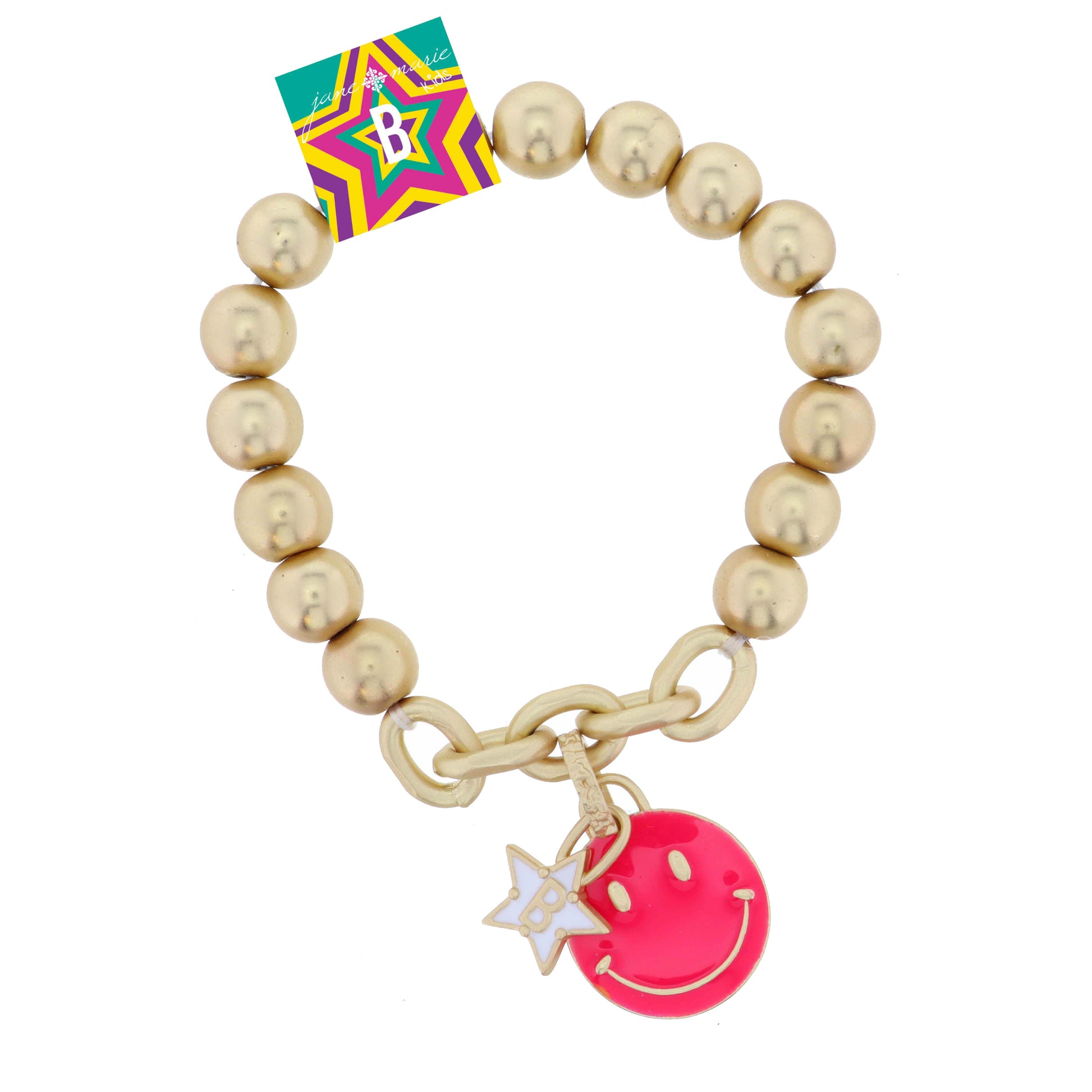Kids Happy Face, Hot Pink & Yellow with Star "B" Bracelet
