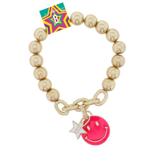 Kids Happy Face, Hot Pink & Yellow with Star "B" Bracelet