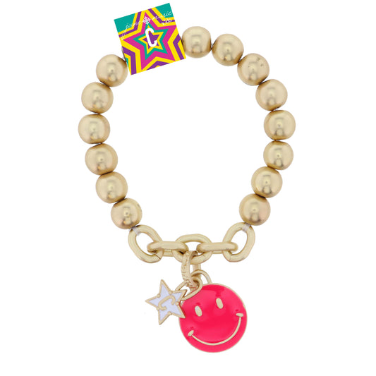 Kids Happy Face, Hot Pink & Yellow with Star "C" Bracelet