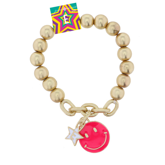 Kids Happy Face, Hot Pink & Yellow with Star "E" Bracelet