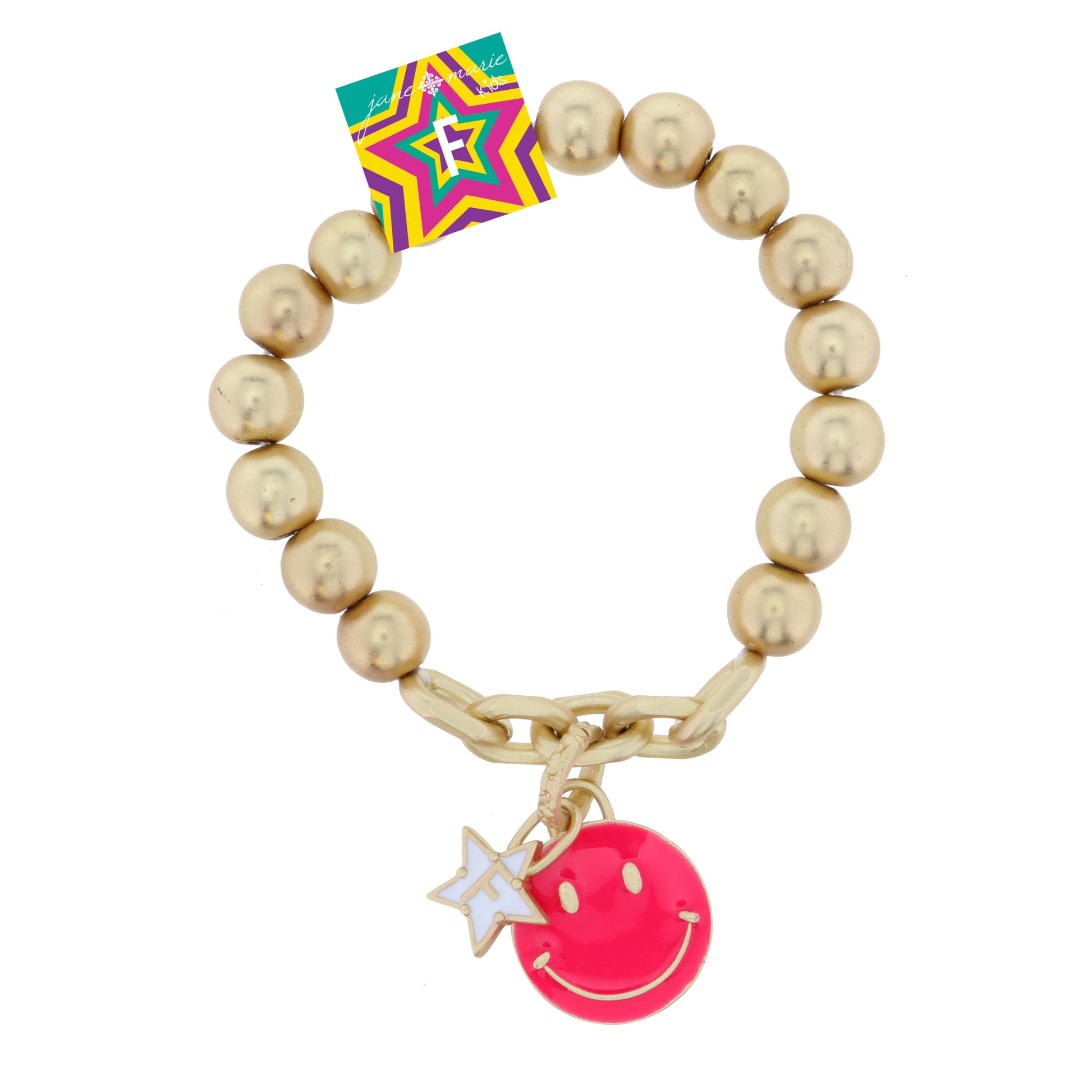 Kids Happy Face, Hot Pink & Yellow with Star "F" Bracelet