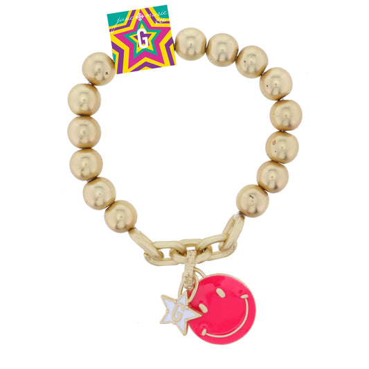Kids Happy Face, Hot Pink & Yellow with Star "G" Bracelet
