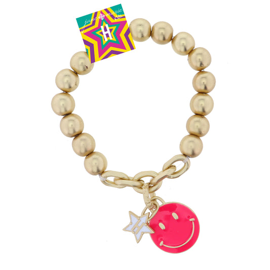 Kids Happy Face, Hot Pink & Yellow with Star "H" Bracelet