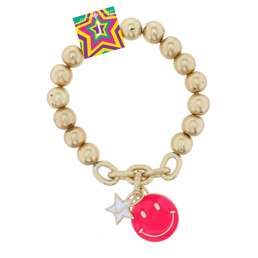 Kids Happy Face, Hot Pink & Yellow with Star "J" Bracelet