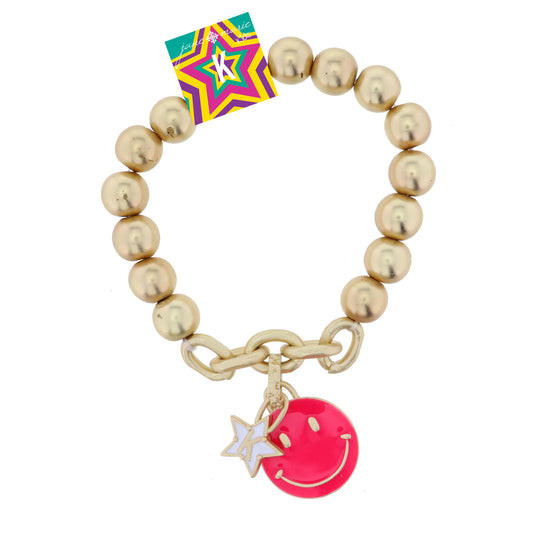 Kids Happy Face, Hot Pink & Yellow with Star "K" Bracelet