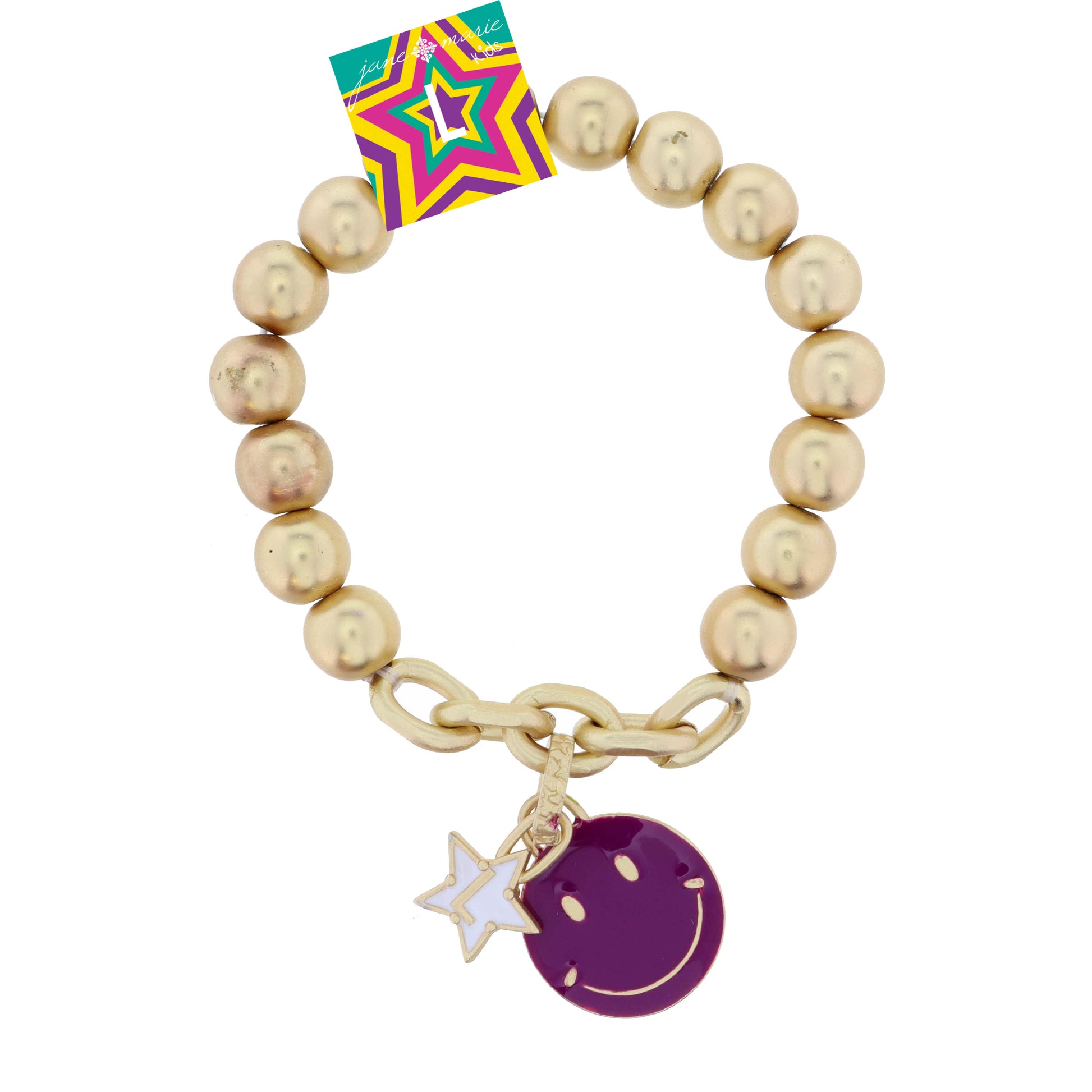 Kids Happy Face, Purple & Yellow with Star "L" Bracelet
