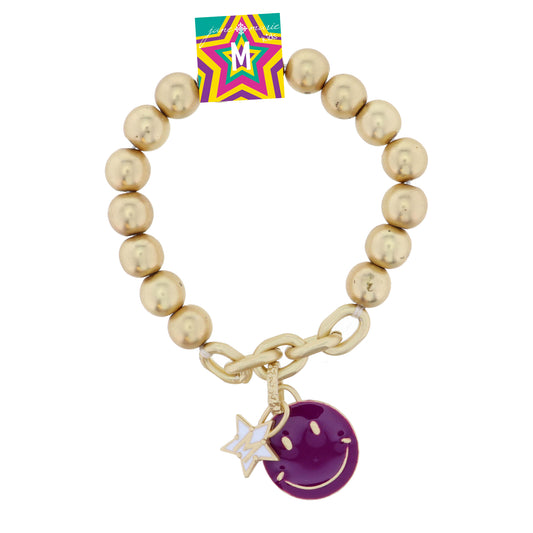 Kids Happy Face, Purple & Yellow with Star "M" Bracelet