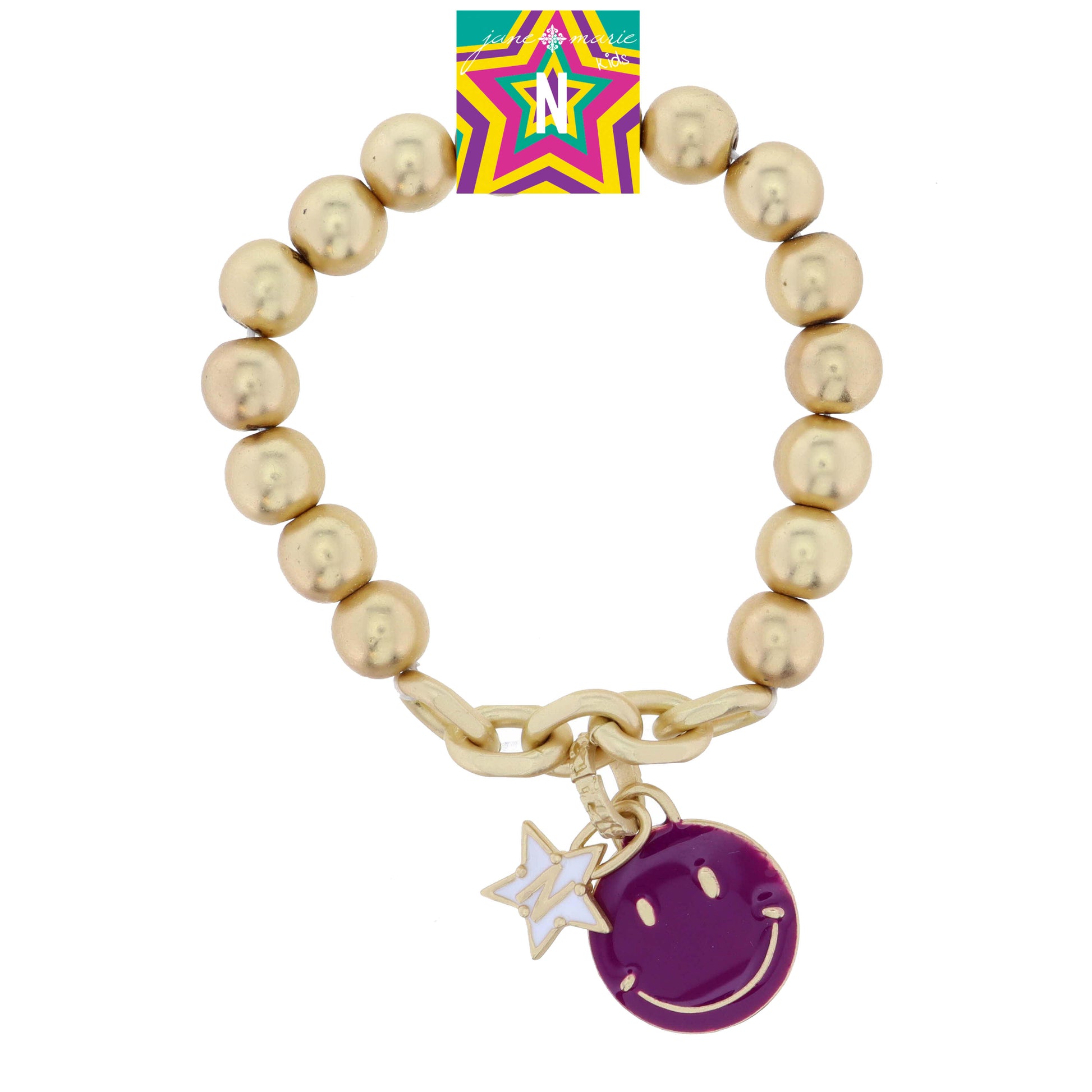 Kids Happy Face, Purple & Yellow with Star "N" Bracelet