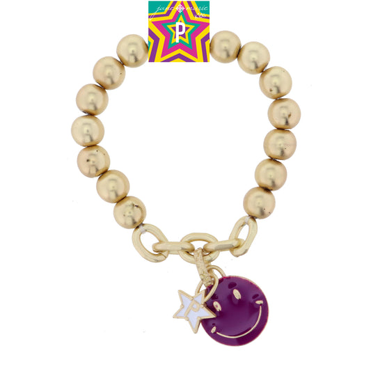 Kids Happy Face, Purple & Yellow with Star "P" Bracelet