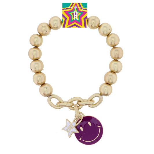 Kids Happy Face, Purple & Yellow with Star "R" Bracelet