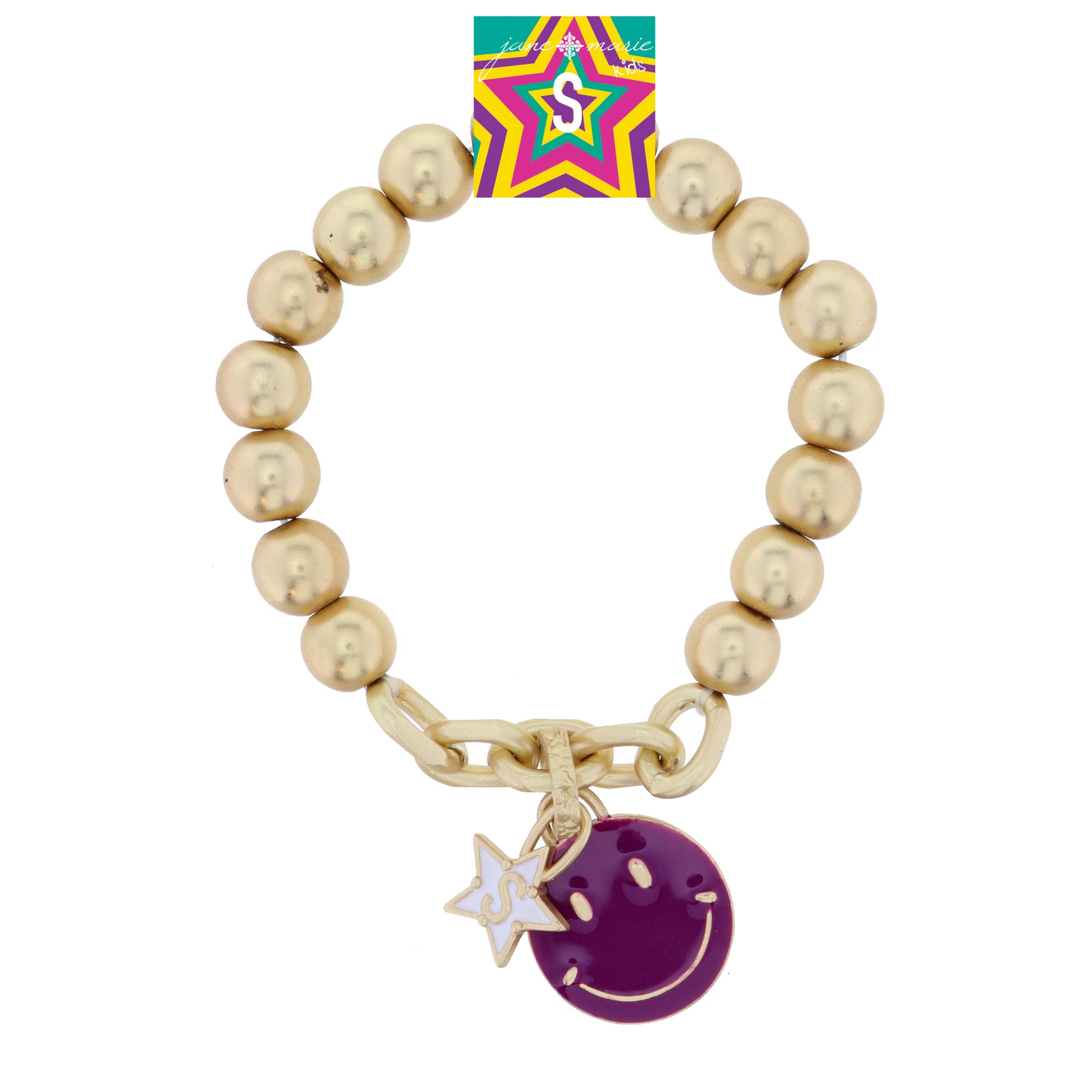 Kids Happy Face, Purple & Yellow with Star "S" Bracelet