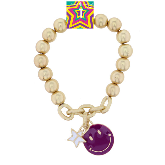 Kids Happy Face, Purple & Yellow with Star "T" Bracelet
