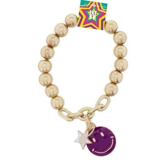 Kids Happy Face, Purple & Yellow with Star "W" Bracelet