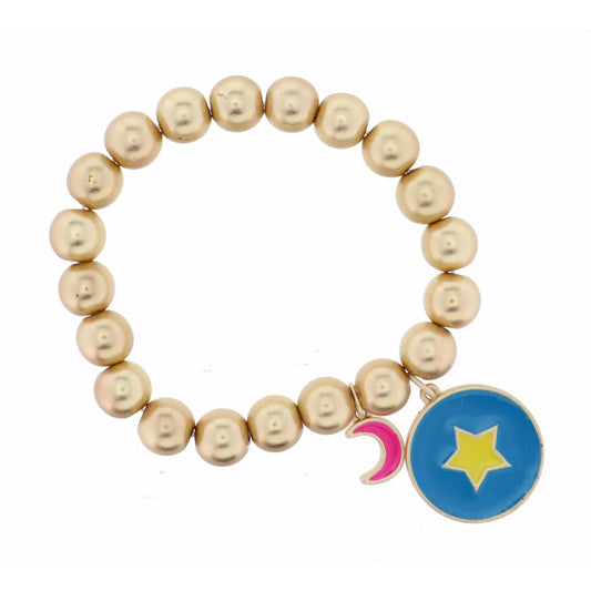 Kids Pink Moon with Yellow Star on Turquoise Circle Disc Bracelet