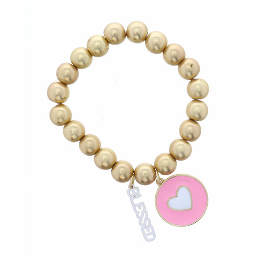 Kids White Heart on Circle Pink Disc with White "Blessed"  Bracelet
