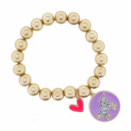 Kids Hot Pink Heart with Unicorn on Purple  Disc Bracelet