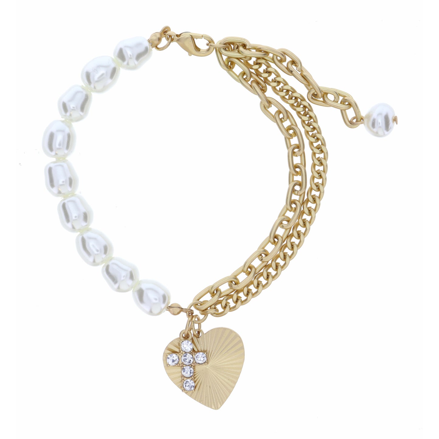 Half Pearl, Half Double Chain with Textured Heart & Crystal Cross Bracelet