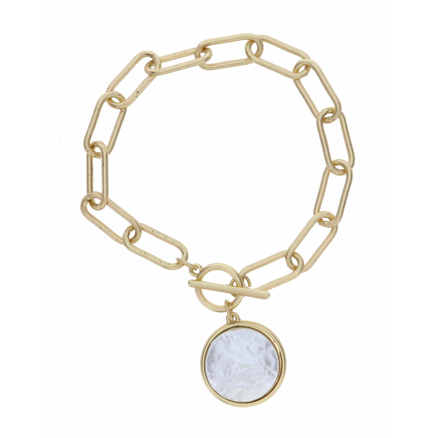 Gold Link Toggle with Round Pearl Dangle Bracelet