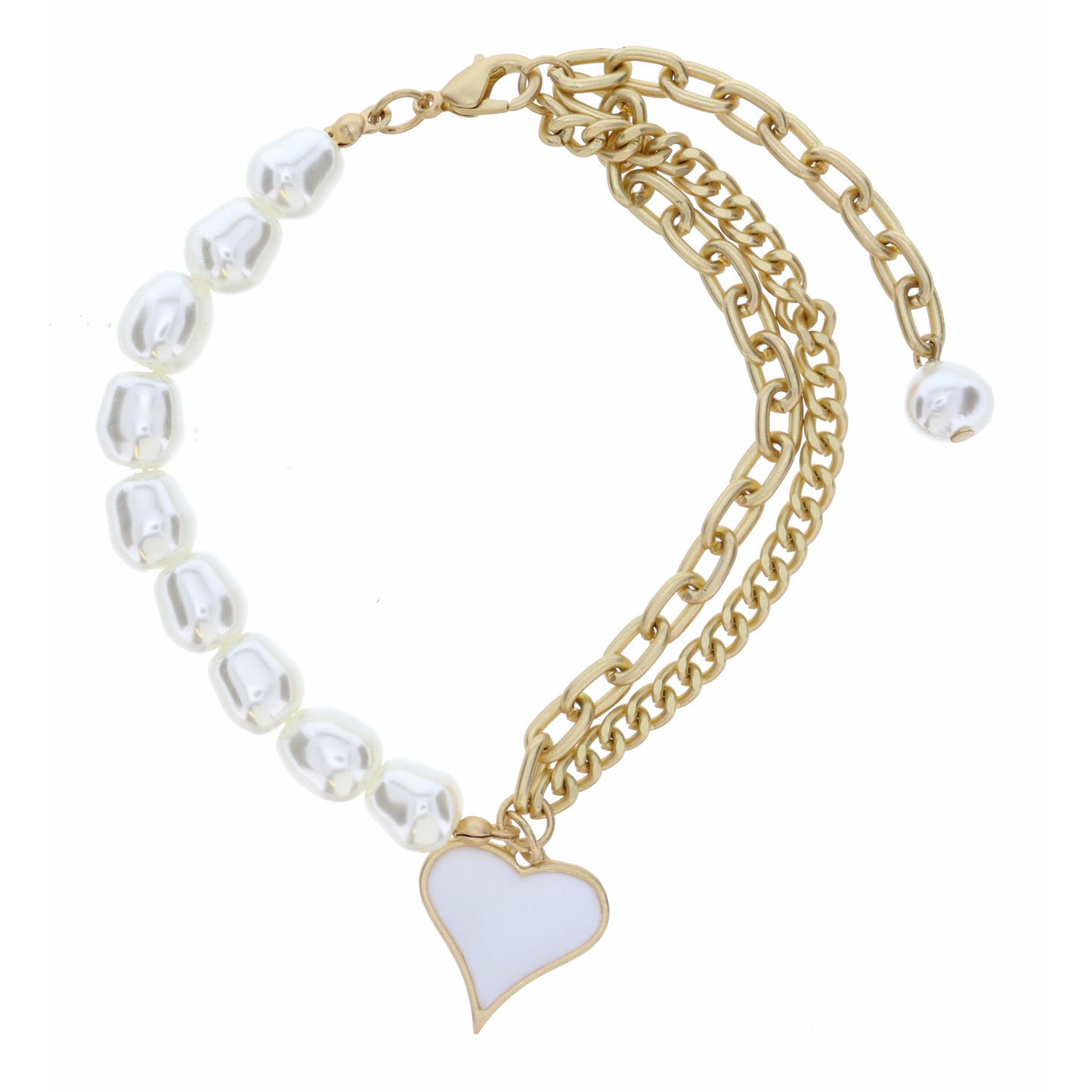 Half Pearl, Half Double Chain with White Heart Bracelet
