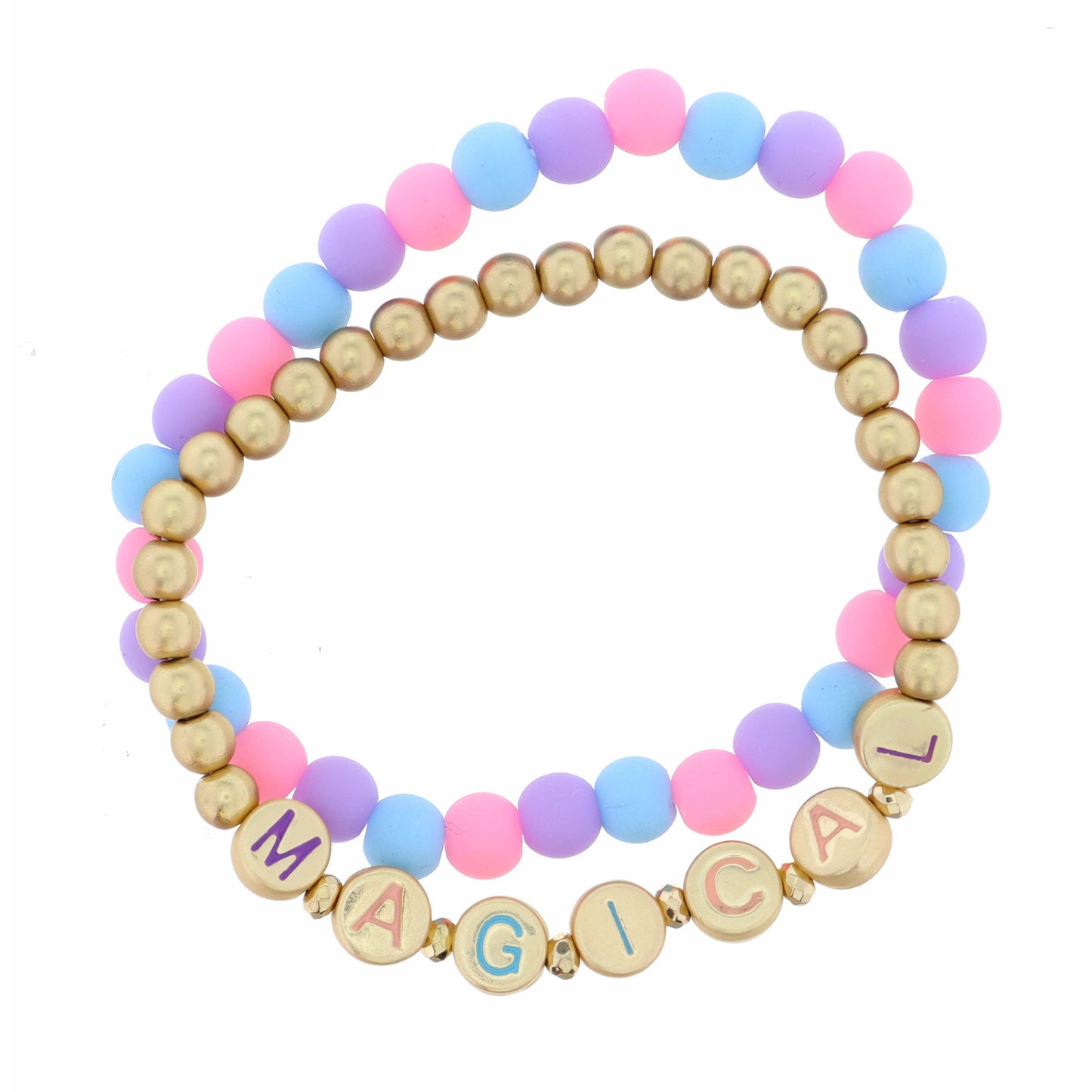 Kids Set of 2 ,"Magical" Lettered Disks on Gold, Multi Beaded Bracelet