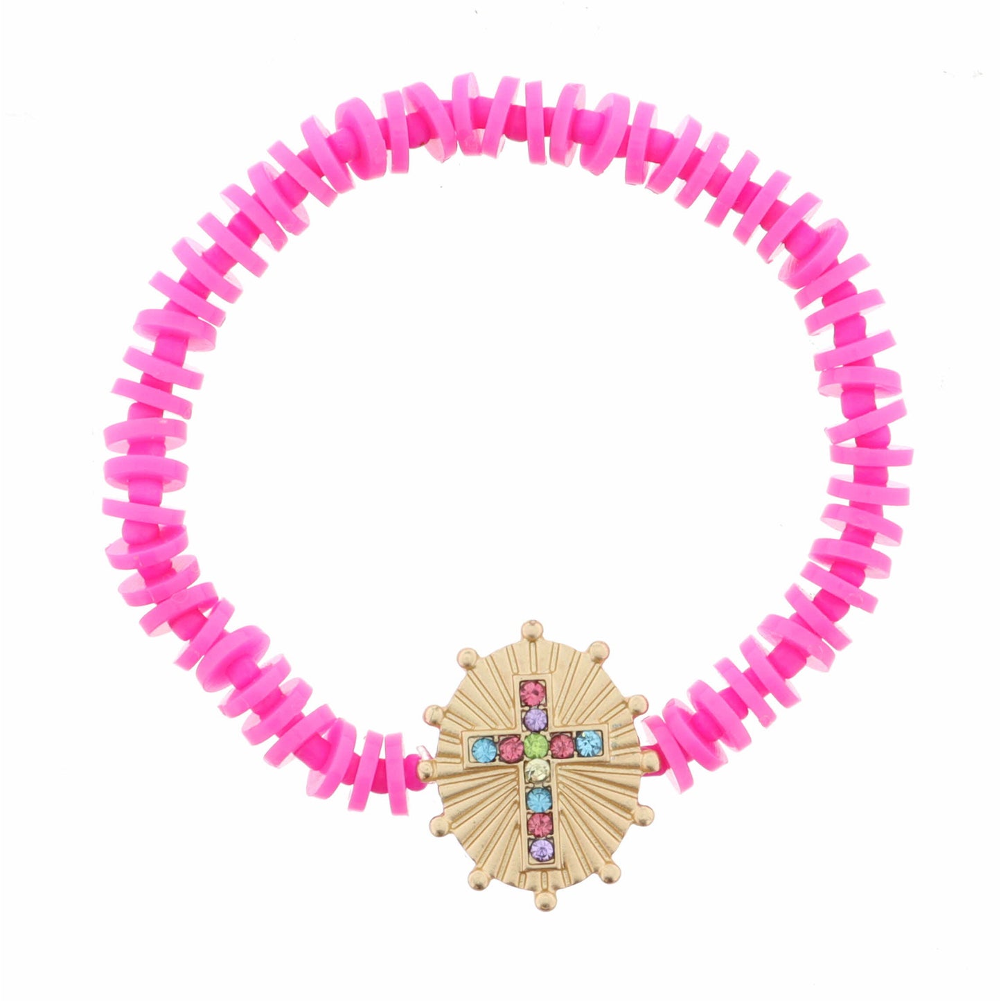 Kids Multi Crystal Cross on Gold Oval Disc with Studs Bracelet